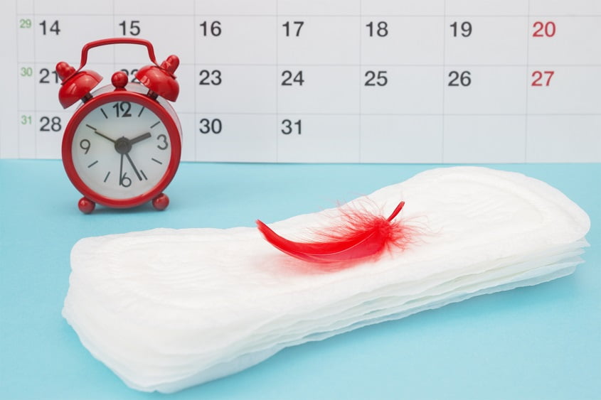 Menstrual pads, blood period calendar and clocks.