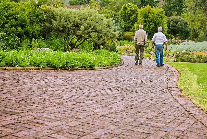 A couple of men walking on a brick path