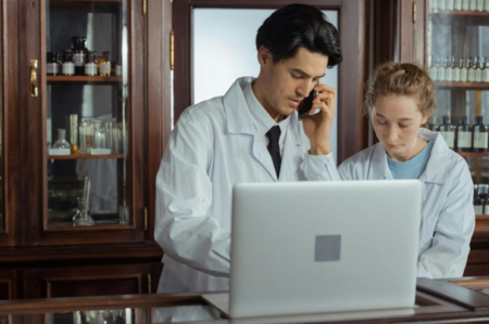 Hospital pharmacist reviewing medication orders with medical team