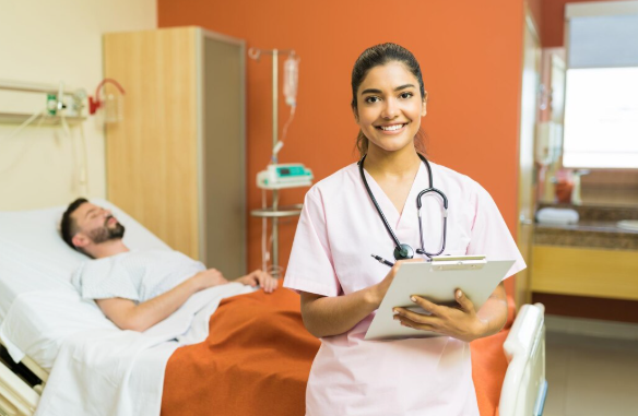 Nursing student studying clinical skills in hospital training environment preparing for RN licensure exam.