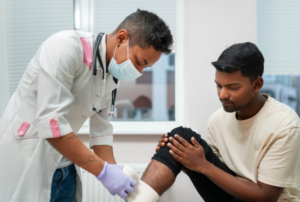 Person experiencing foot pain while walking, indicating need to consult a podiatrist.