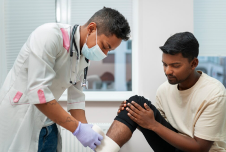 Person experiencing foot pain while walking, indicating need to consult a podiatrist.