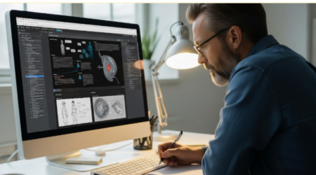 3D medical animation designer creating scientific visualization of human anatomy on computer workstation
