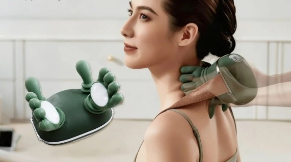 Person using a bionic hand massager for neck and shoulder pain relief while following a physiotherapy rehabilitation program.