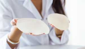 Silicone and saline breast implants displayed for patient education