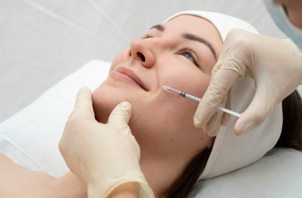 Woman receiving dermal filler treatment for subtle facial rejuvenation and volume restoration