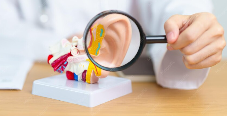 3D illustration of am audiologist performing a hearing evaluation for a patient using diagnostic hearing equipment.