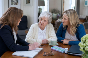 Senior Care Management: A Complete Guide for Families Family members discussing a senior care plan and supporting an older adult at home.