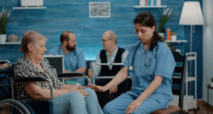 Person with locked-in syndrome receiving specialized medical care and communication support.