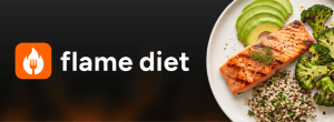 Flame Diet app showing a personalized meal plan, workouts, and wellness tracking features.