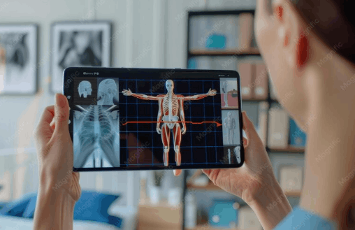 Patient using a digital recovery tracking app after spine surgery.