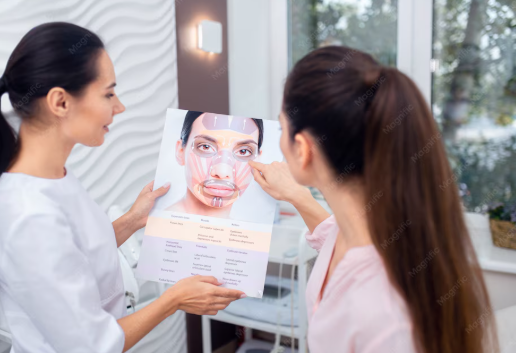 Woman discussing facelift options and facial aging concerns with a plastic surgeon.