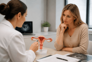 Woman discussing fertility testing and treatment options with a fertility specialist.