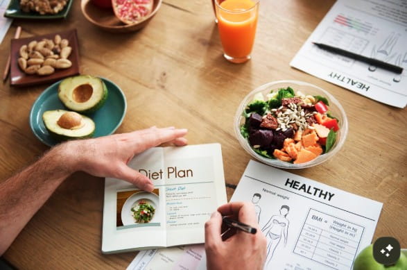 Balanced healthy meal featuring vegetables, whole grains, legumes, healthy fats, and lean protein