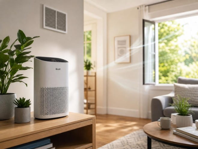 Portable air purifier in a living room to support cleaner indoor air